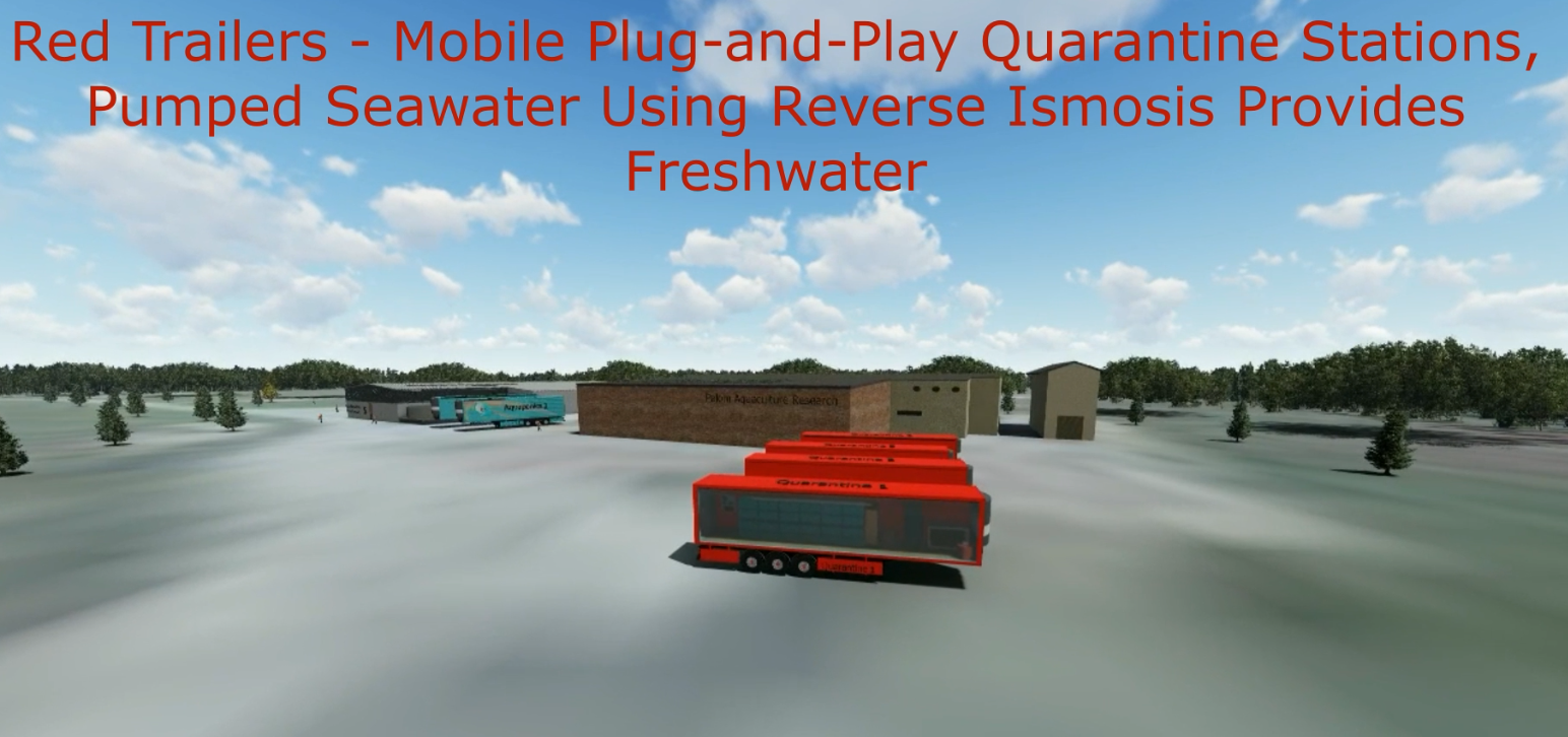 Palom Aquaculture, Land Farmed Salmon, Office and R&D Building With Orange Isolation Trailers. Artist Rendering