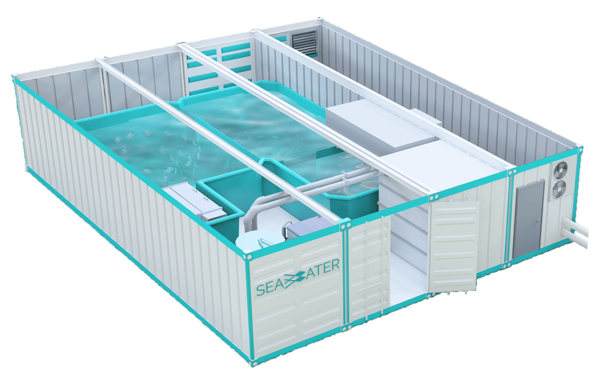 Palom Aquaculture recirculating aquaculture system, portable hatchery with by Sea Water Cube Systems.  3d image.