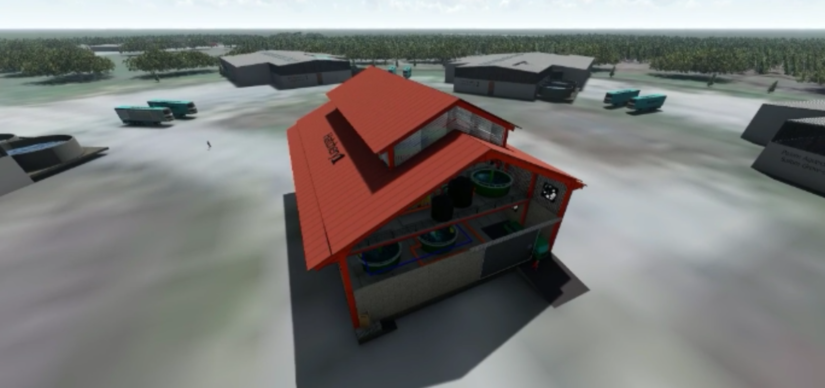 Palom Aquaculture, Land Based Salmon Farming, Artist Rendering Aerial View Of Hatchery and Grow out Buildings